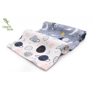 Musselin Gulpekluter 2-pk - 70 x 70 - Lagarto Verde - Planeter/Måner