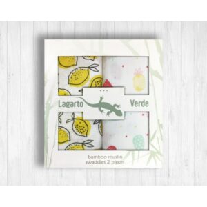 Musselin Gulpekluter 2-pk - 70 x 70 - Lagarto Verde - Ananas/Sitron