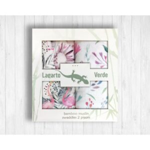 Musselin Gulpekluter 2-pk - 70 x 70 - Lagarto Verde - Flamingo/Pastellkvister